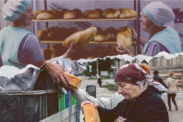 Composition of photos: Korshiv Bread Bakery and Ukrainian volunteers distribute bread to residents of the town of Balakliya
