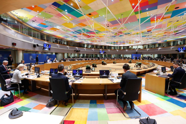 Ursula von der Leyen at a council meeting discussing sanctions